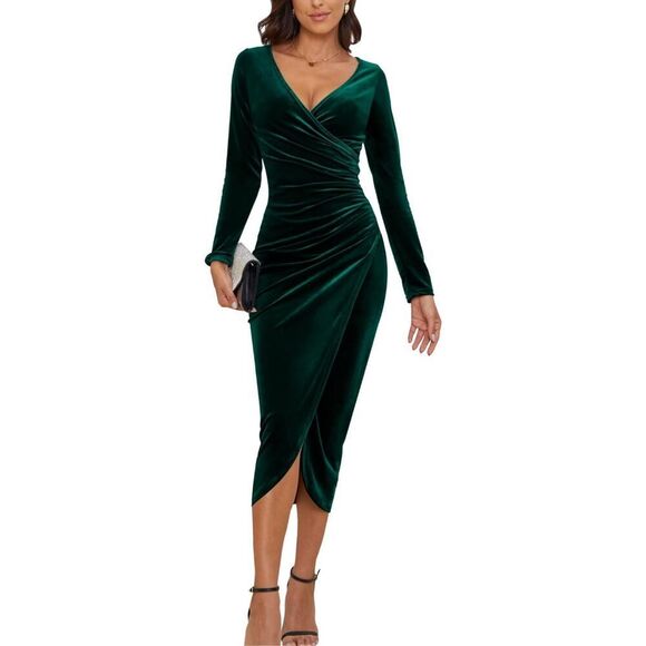 NEW Green V Neck Wrap Velvet Maxi Dress Bodycon M - Picture 1 of 7